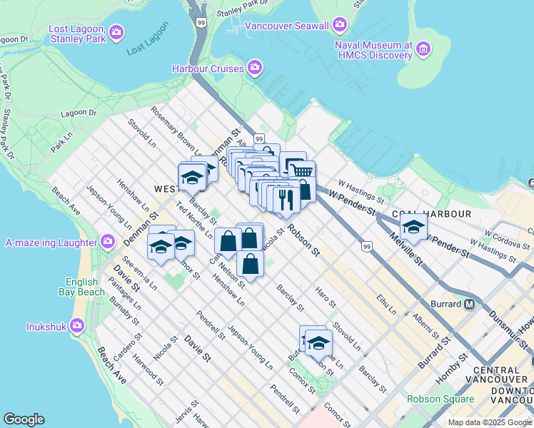 map of restaurants, bars, coffee shops, grocery stores, and more near 828 Cardero Street in Vancouver