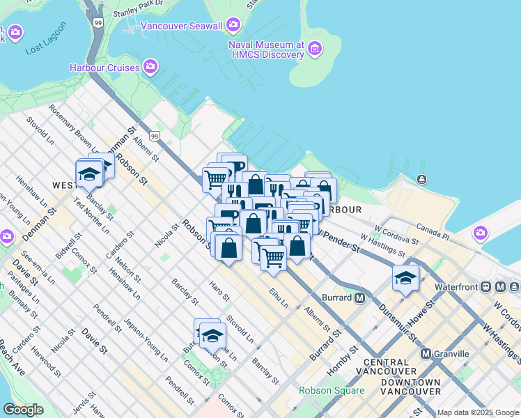 map of restaurants, bars, coffee shops, grocery stores, and more near in Vancouver