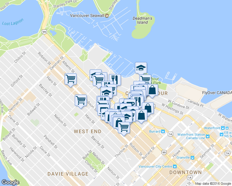 map of restaurants, bars, coffee shops, grocery stores, and more near in Vancouver