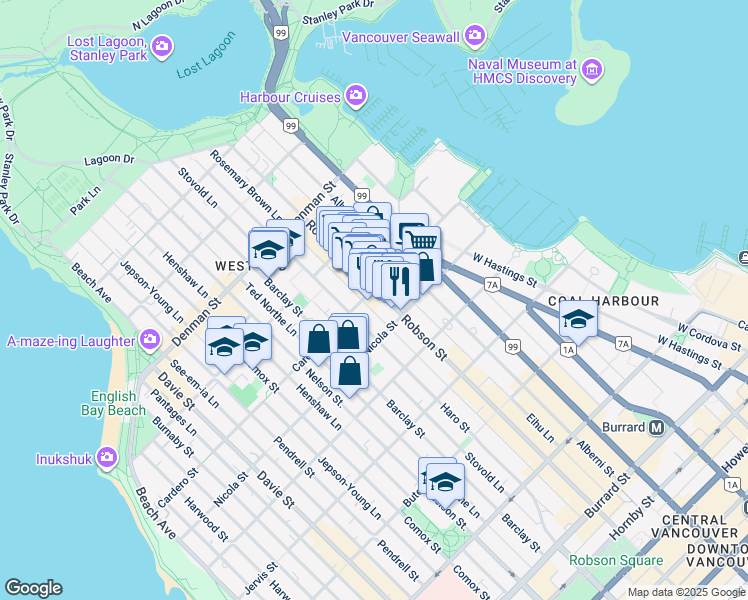 map of restaurants, bars, coffee shops, grocery stores, and more near 1542 Robson Street in Vancouver