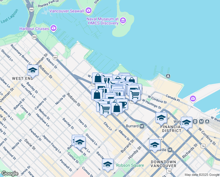 map of restaurants, bars, coffee shops, grocery stores, and more near 1285 West Pender Street in Vancouver