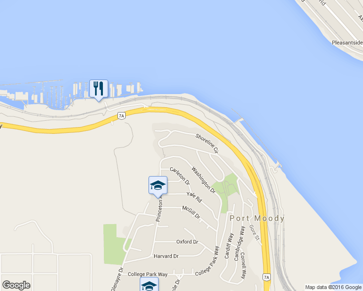 map of restaurants, bars, coffee shops, grocery stores, and more near 13 Shoreline Cir in Port Moody
