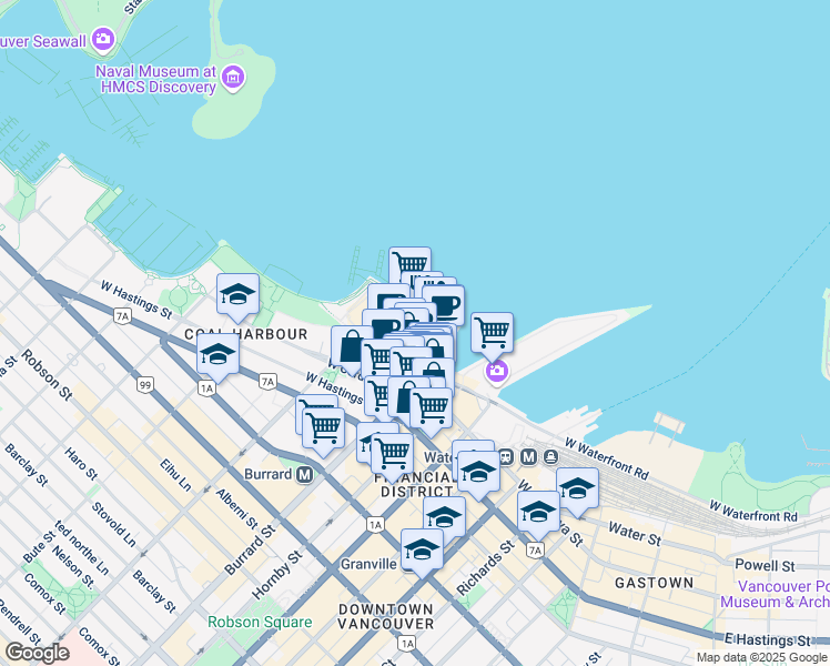 map of restaurants, bars, coffee shops, grocery stores, and more near 102A Burrard Street in Vancouver