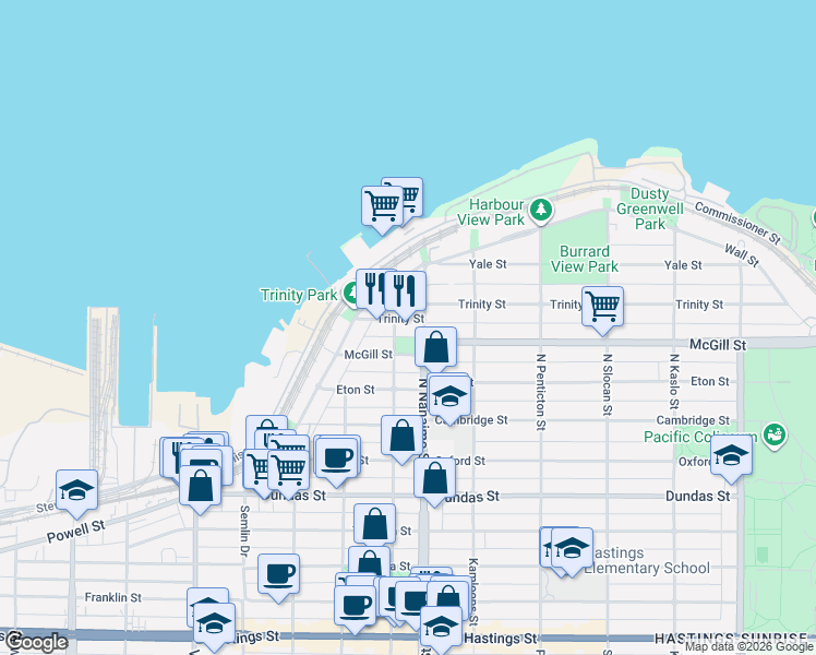 map of restaurants, bars, coffee shops, grocery stores, and more near 2320 Trinity Street in Vancouver