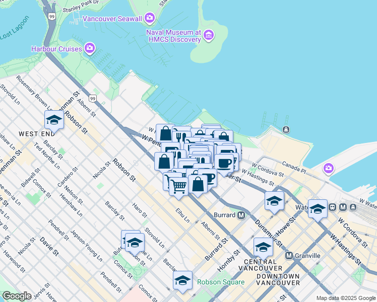 map of restaurants, bars, coffee shops, grocery stores, and more near in Vancouver