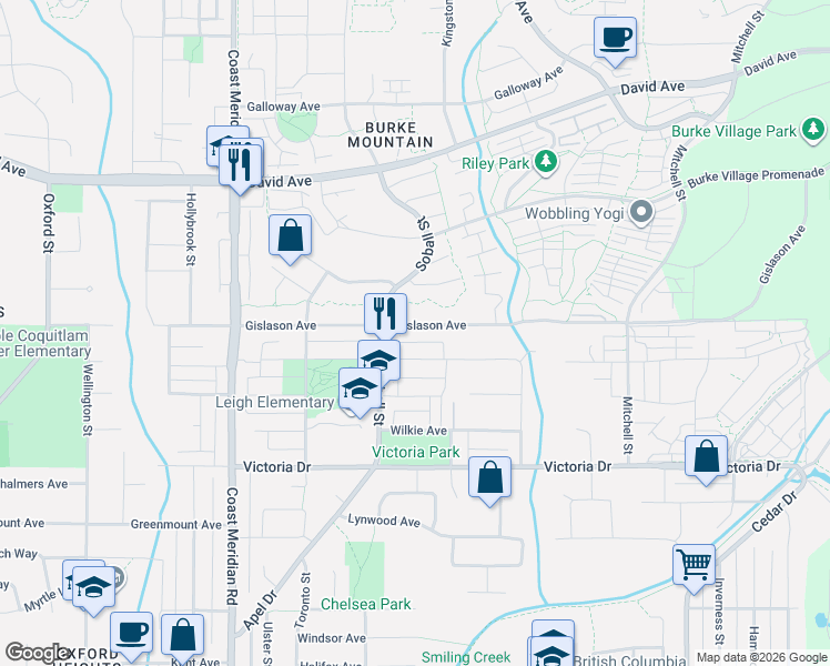 map of restaurants, bars, coffee shops, grocery stores, and more near 3438 Gislason Avenue in Coquitlam