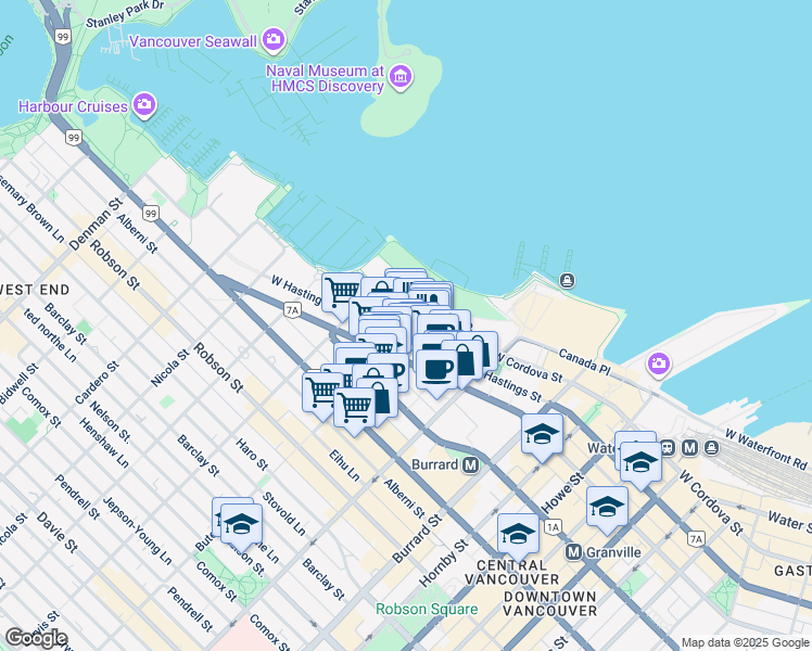 map of restaurants, bars, coffee shops, grocery stores, and more near 303 Bute Street in Vancouver