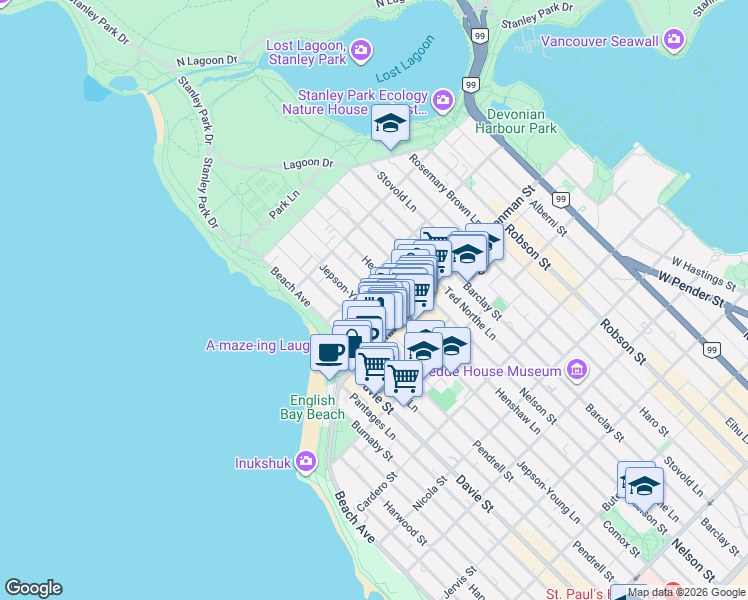 map of restaurants, bars, coffee shops, grocery stores, and more near 1850 Comox Street in Vancouver