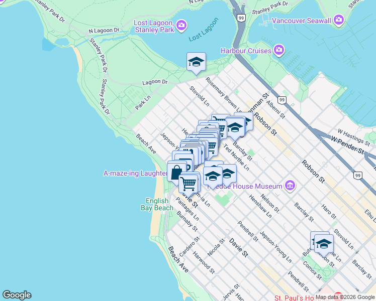 map of restaurants, bars, coffee shops, grocery stores, and more near 1850 Comox Street in Vancouver