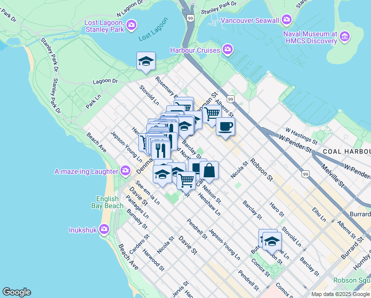 map of restaurants, bars, coffee shops, grocery stores, and more near 1720 Barclay Street in Vancouver