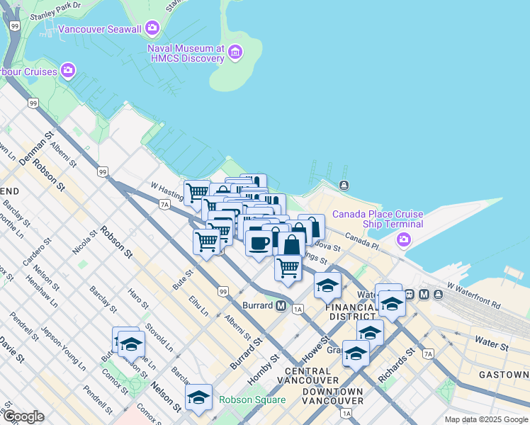 map of restaurants, bars, coffee shops, grocery stores, and more near 1169 West Cordova Street in Vancouver