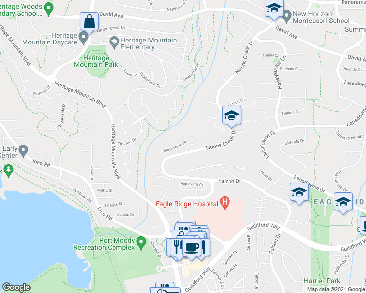 map of restaurants, bars, coffee shops, grocery stores, and more near 932 Blackstock Road in Port Moody