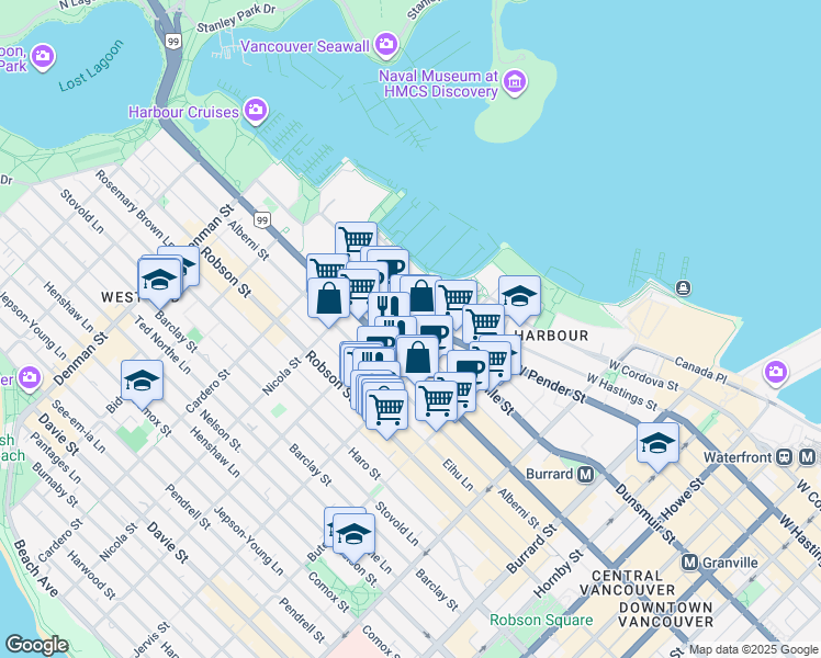 map of restaurants, bars, coffee shops, grocery stores, and more near in Vancouver