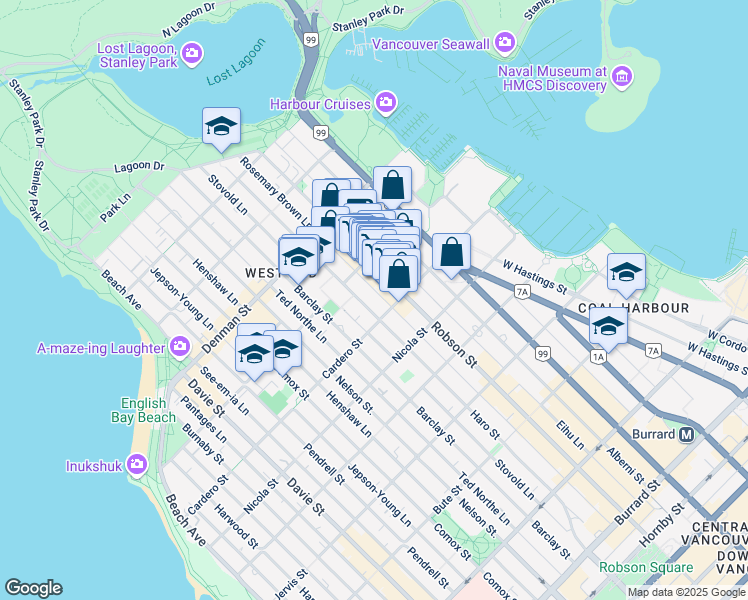 map of restaurants, bars, coffee shops, grocery stores, and more near in Vancouver