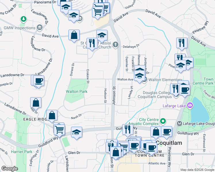 map of restaurants, bars, coffee shops, grocery stores, and more near 1279 Hudson Street in Coquitlam