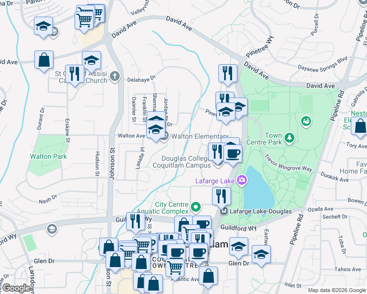 map of restaurants, bars, coffee shops, grocery stores, and more near 2978 Walton Avenue in Coquitlam