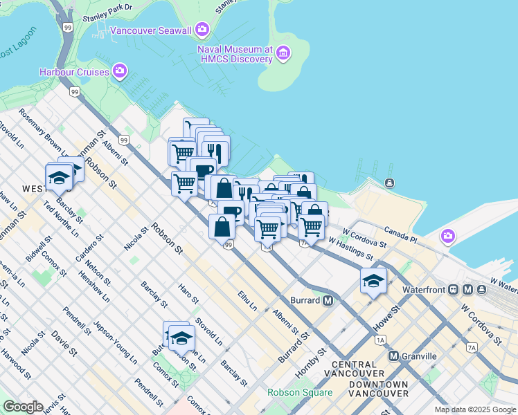 map of restaurants, bars, coffee shops, grocery stores, and more near West Hastings Street in Vancouver