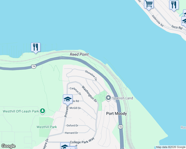 map of restaurants, bars, coffee shops, grocery stores, and more near 140 Shoreline Circle in Port Moody