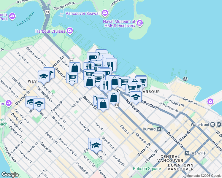map of restaurants, bars, coffee shops, grocery stores, and more near 1378 West Pender Street in Vancouver