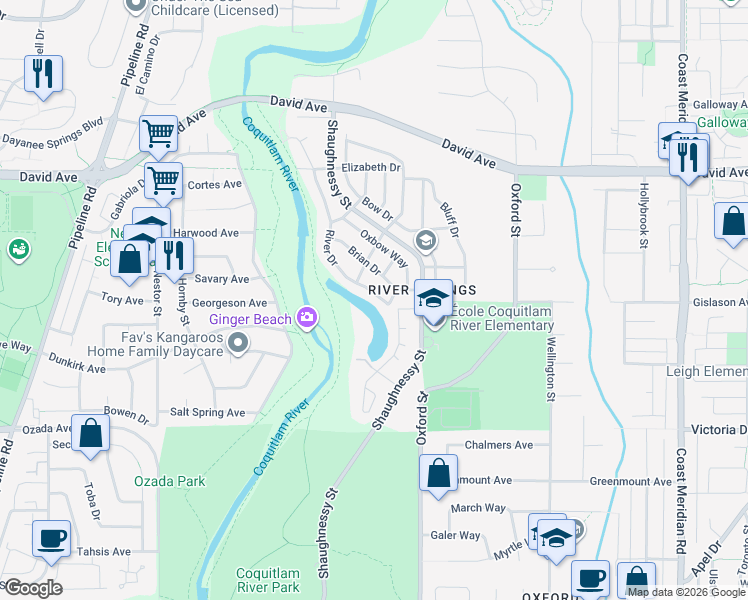 map of restaurants, bars, coffee shops, grocery stores, and more near 1231 River Drive in Coquitlam