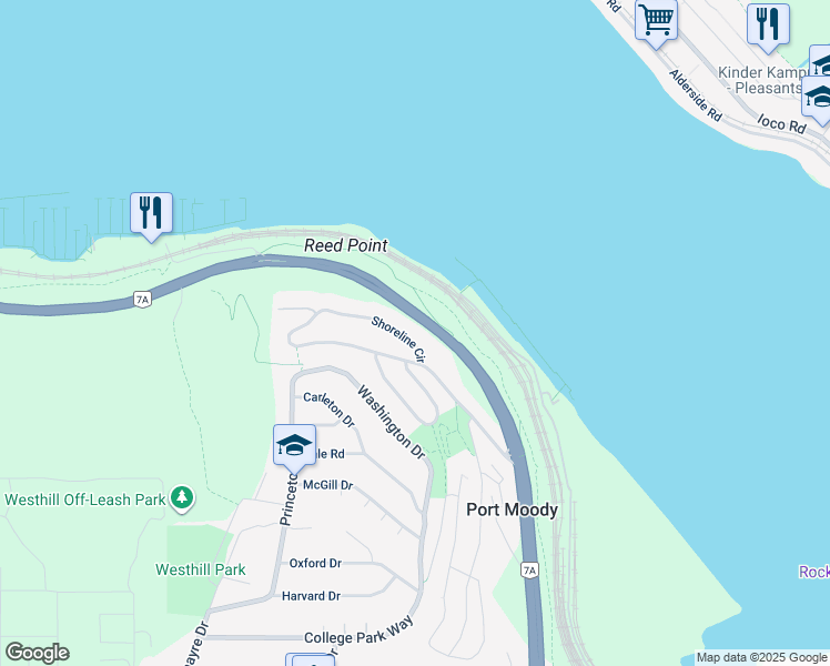 map of restaurants, bars, coffee shops, grocery stores, and more near 144 Shoreline Circle in Port Moody
