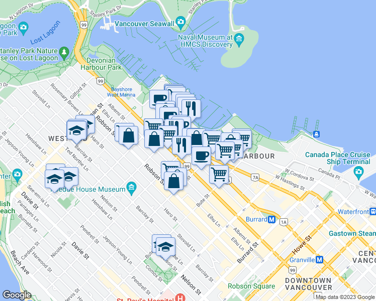 map of restaurants, bars, coffee shops, grocery stores, and more near 1409 West Pender Street in Vancouver