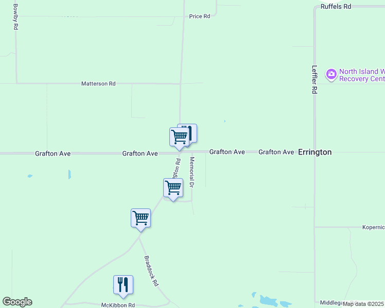 map of restaurants, bars, coffee shops, grocery stores, and more near 1366 Memorial Road in Errington