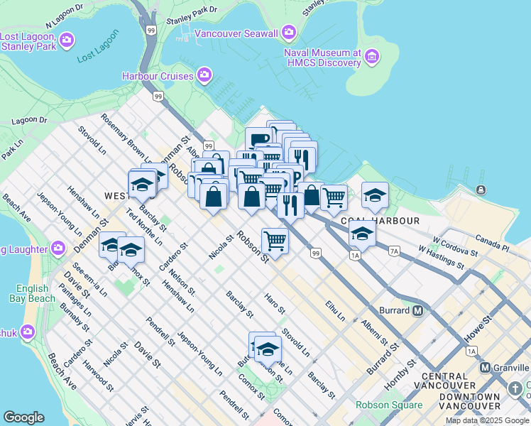 map of restaurants, bars, coffee shops, grocery stores, and more near in Vancouver