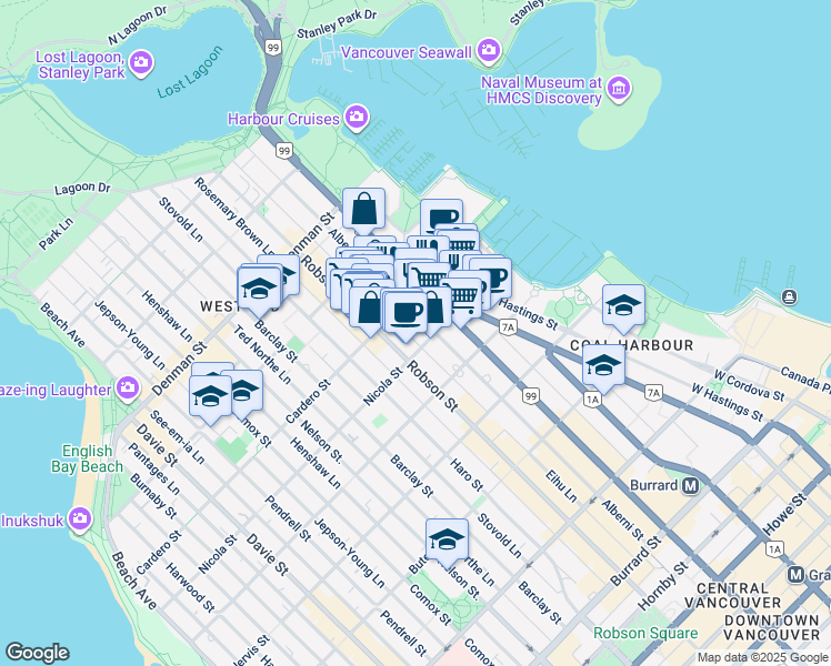 map of restaurants, bars, coffee shops, grocery stores, and more near 1300-1500 West Georgia Street in Vancouver