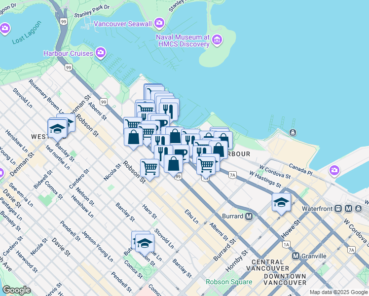 map of restaurants, bars, coffee shops, grocery stores, and more near 555 Jervis Street in Vancouver