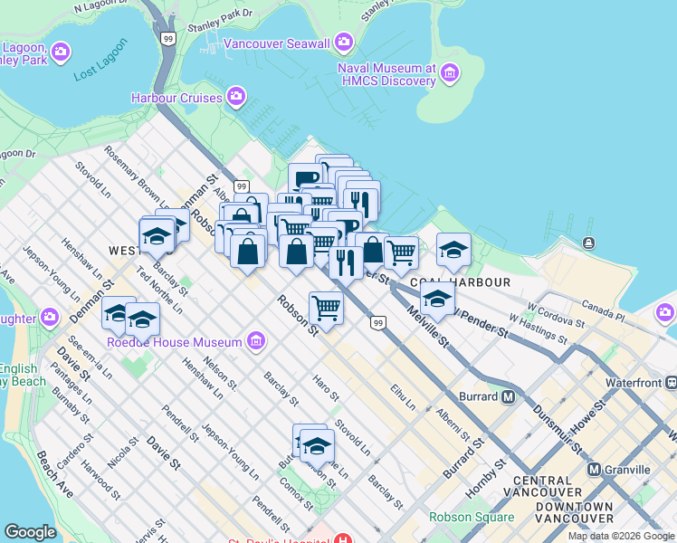 map of restaurants, bars, coffee shops, grocery stores, and more near 1415 West Georgia Street in Vancouver