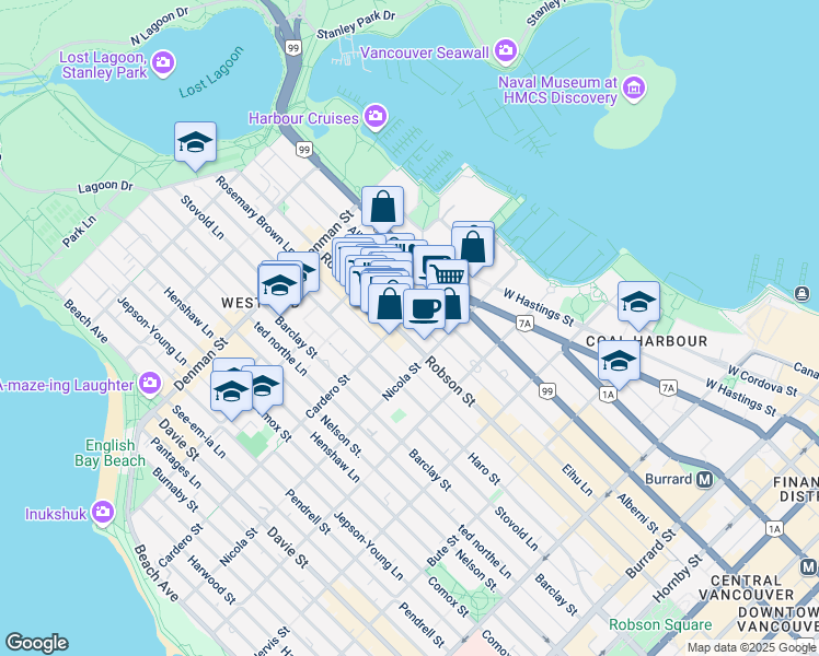 map of restaurants, bars, coffee shops, grocery stores, and more near 804 Cardero Street in Vancouver