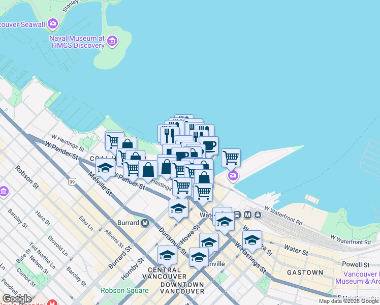 map of restaurants, bars, coffee shops, grocery stores, and more near 1055 Canada Place in Vancouver