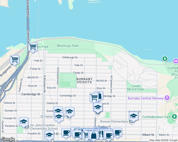 map of restaurants, bars, coffee shops, grocery stores, and more near 4031 Trinity Street in Burnaby
