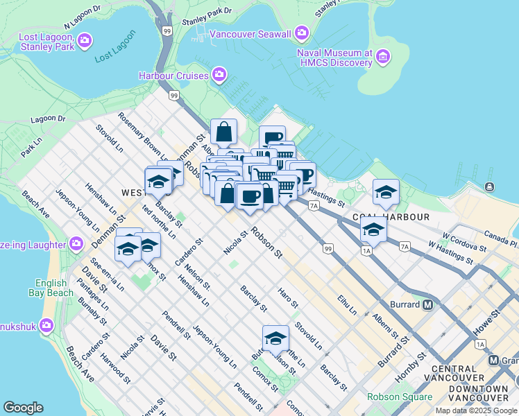 map of restaurants, bars, coffee shops, grocery stores, and more near 1500 Alberni Street in Vancouver