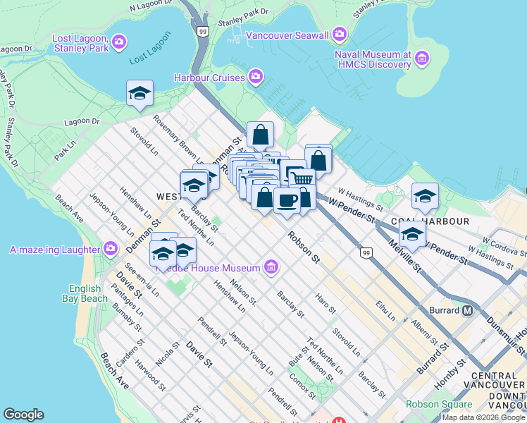 map of restaurants, bars, coffee shops, grocery stores, and more near 1610 Robson Street in Vancouver
