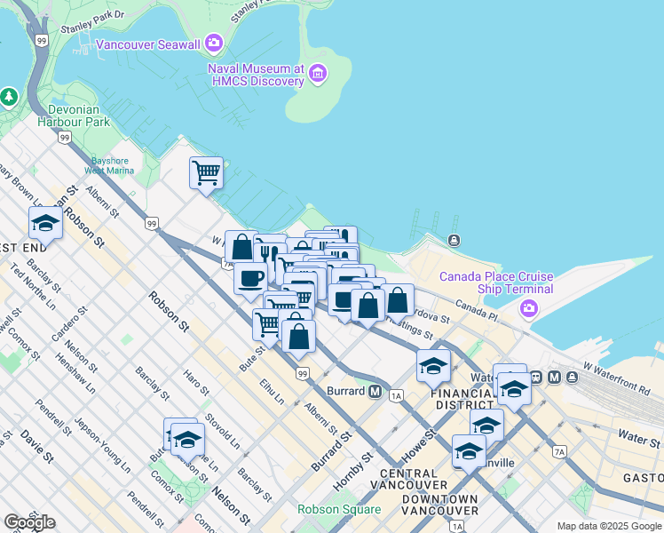 map of restaurants, bars, coffee shops, grocery stores, and more near  in Vancouver