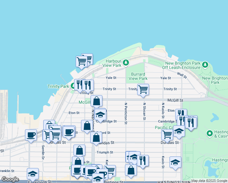 map of restaurants, bars, coffee shops, grocery stores, and more near 2538 Trinity Street in Vancouver