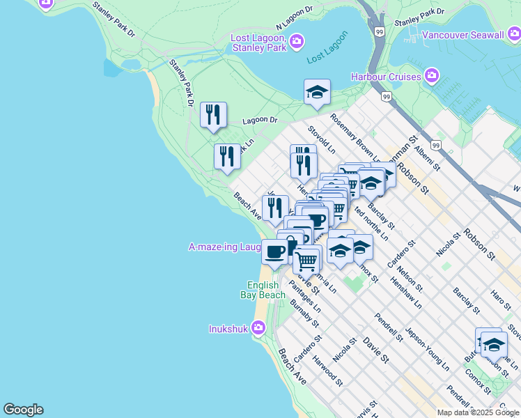 map of restaurants, bars, coffee shops, grocery stores, and more near 1995 Beach Avenue in Vancouver