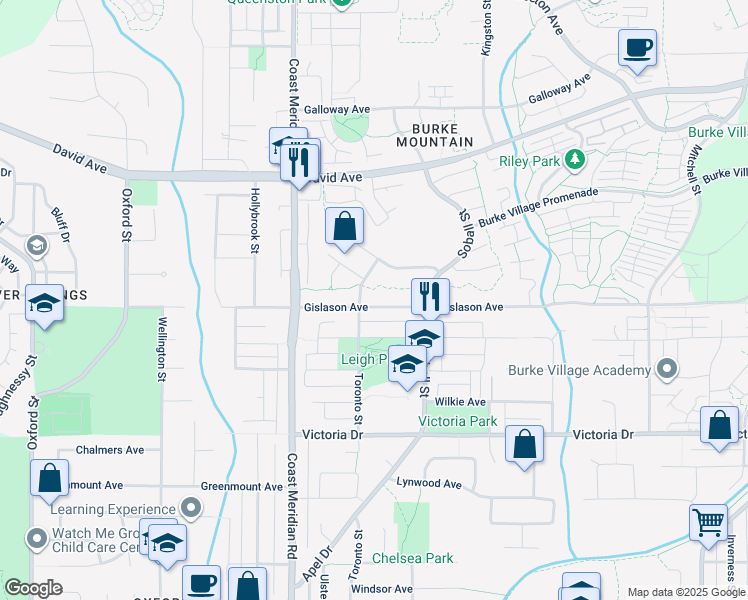 map of restaurants, bars, coffee shops, grocery stores, and more near 3405 Gislason Avenue in Coquitlam