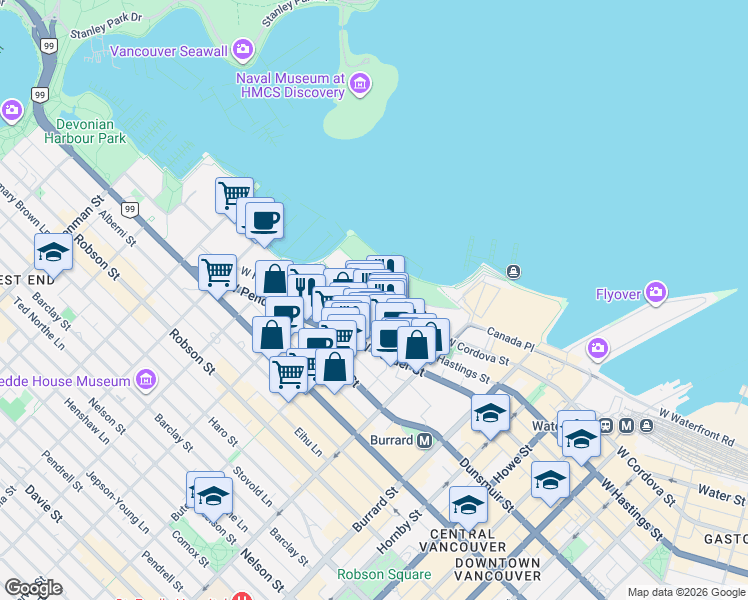 map of restaurants, bars, coffee shops, grocery stores, and more near 1211 West Cordova Street in Vancouver