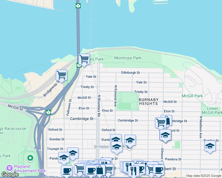 map of restaurants, bars, coffee shops, grocery stores, and more near 3775 Trinity Street in Burnaby