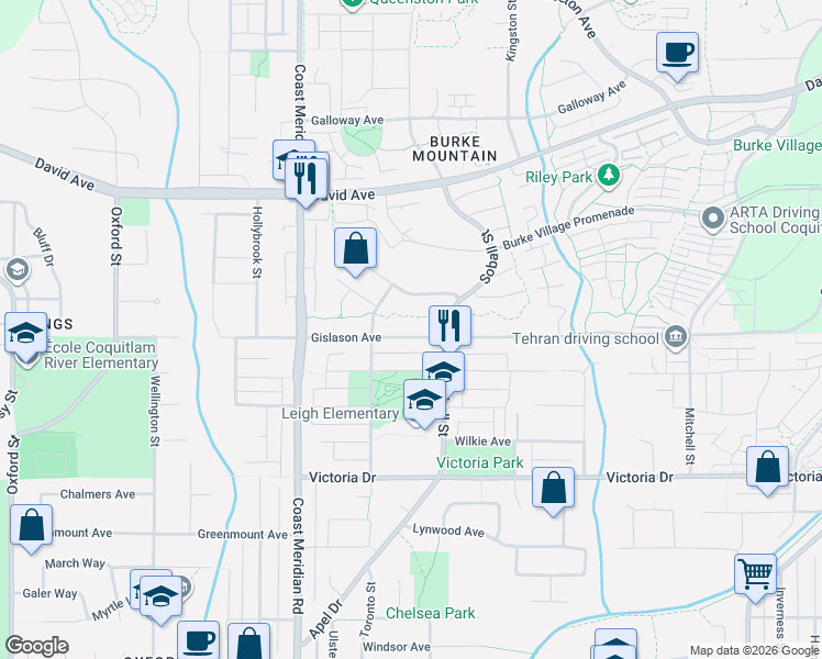map of restaurants, bars, coffee shops, grocery stores, and more near 3415 Gislason Avenue in Coquitlam