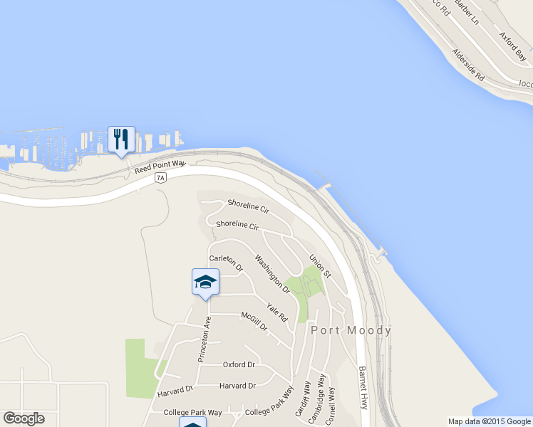map of restaurants, bars, coffee shops, grocery stores, and more near 126 Shoreline Circle in Port Moody