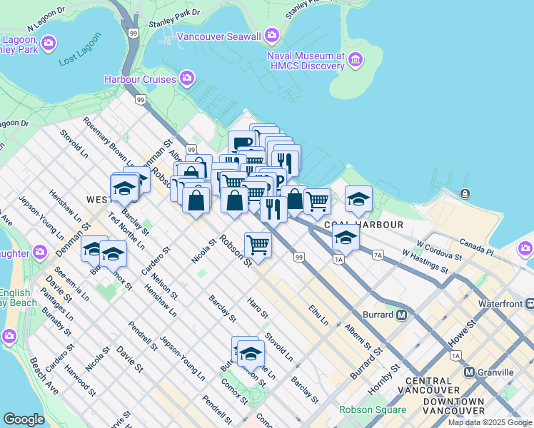 map of restaurants, bars, coffee shops, grocery stores, and more near 1480 West Pender Street in Vancouver