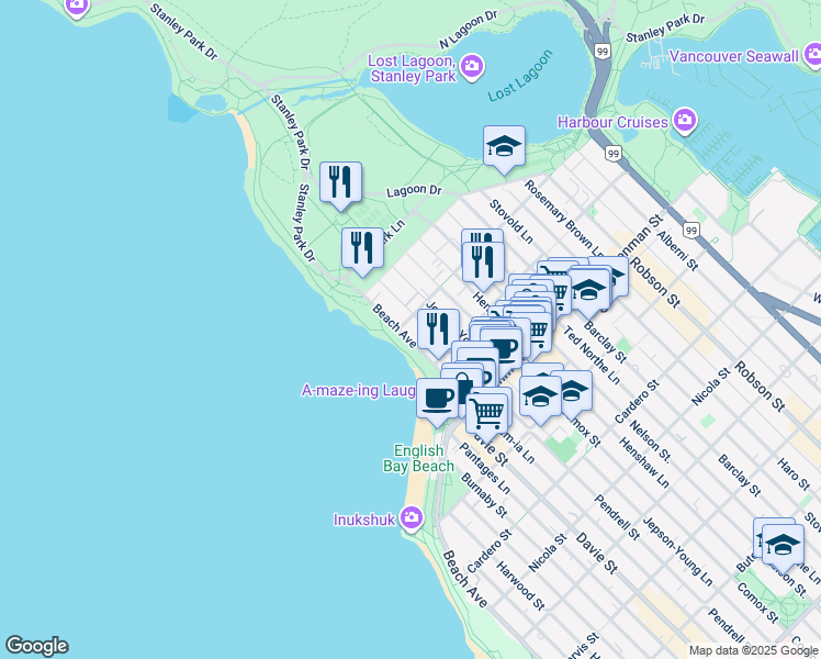 map of restaurants, bars, coffee shops, grocery stores, and more near in Vancouver