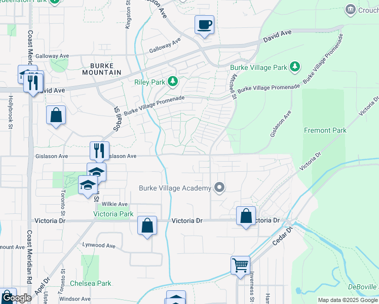 map of restaurants, bars, coffee shops, grocery stores, and more near 3503 Gislason Avenue in Coquitlam