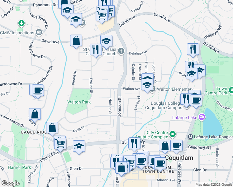 map of restaurants, bars, coffee shops, grocery stores, and more near 1272 Johnson Street in Coquitlam