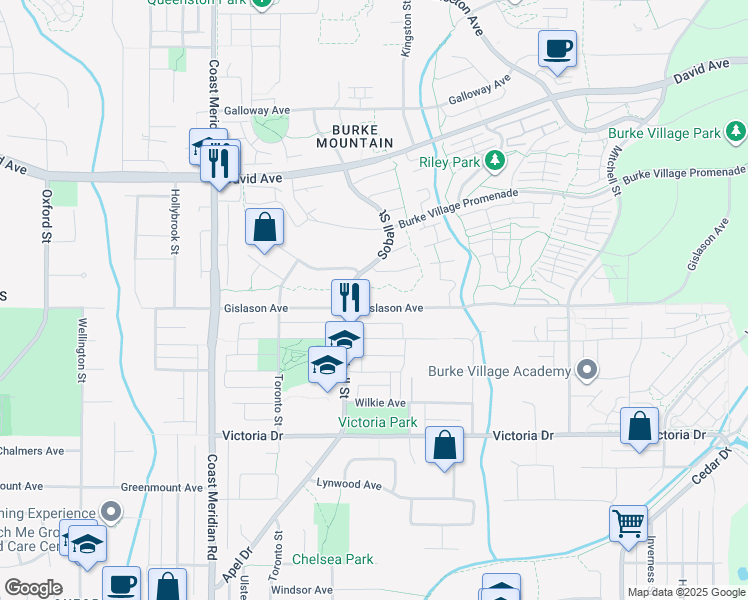map of restaurants, bars, coffee shops, grocery stores, and more near 3443 Gislason Avenue in Coquitlam
