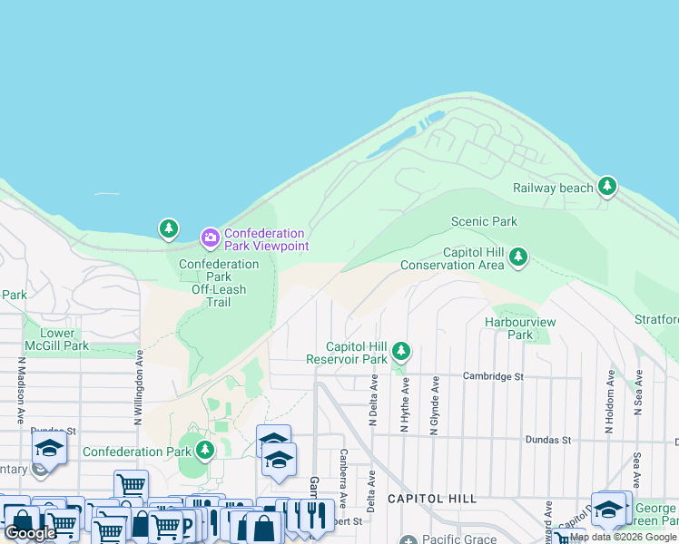 map of restaurants, bars, coffee shops, grocery stores, and more near Penzance Drive in Burnaby